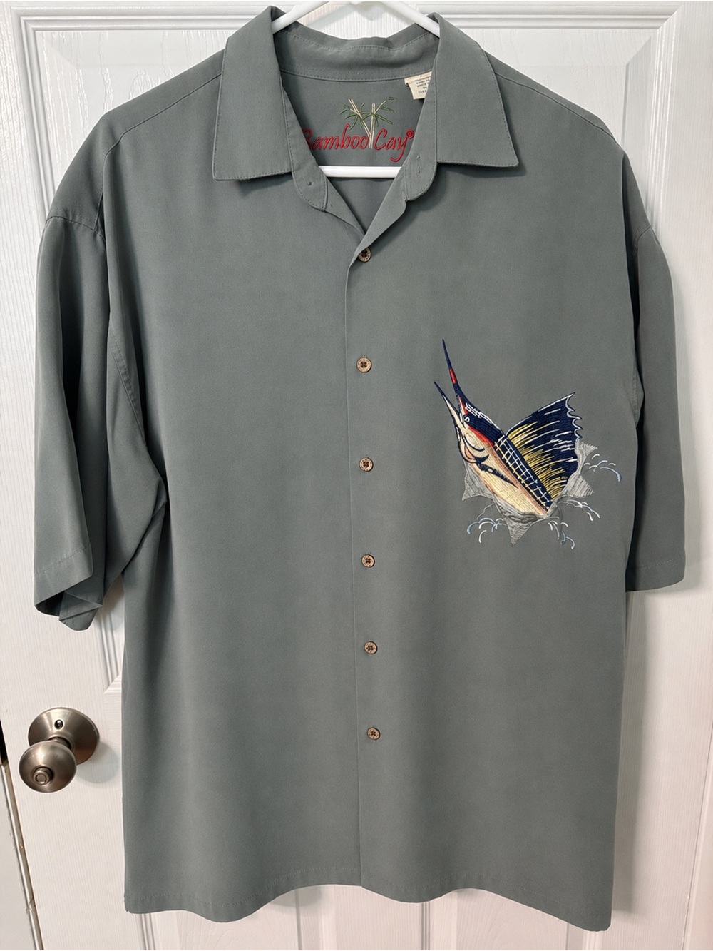 Bamboo Cay Sage Green Short-Sleeve Button-Down Shirt with Marlin Embroidery